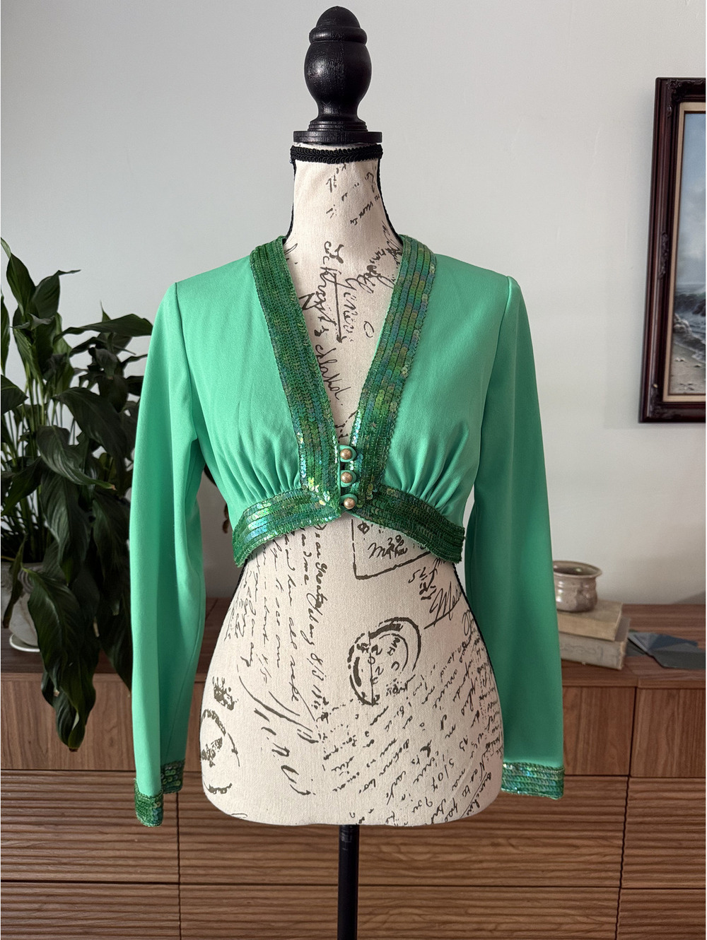 Vintage 80s Emerald Green Sequin Cropped Bolero Jacket Pearl Buttons Small